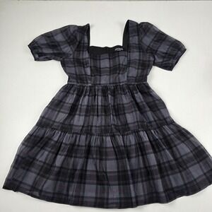 Disturbia Dress Womens 6 Gray Plaid Puff Sleeve Square Neck Fit & Flare Mini
